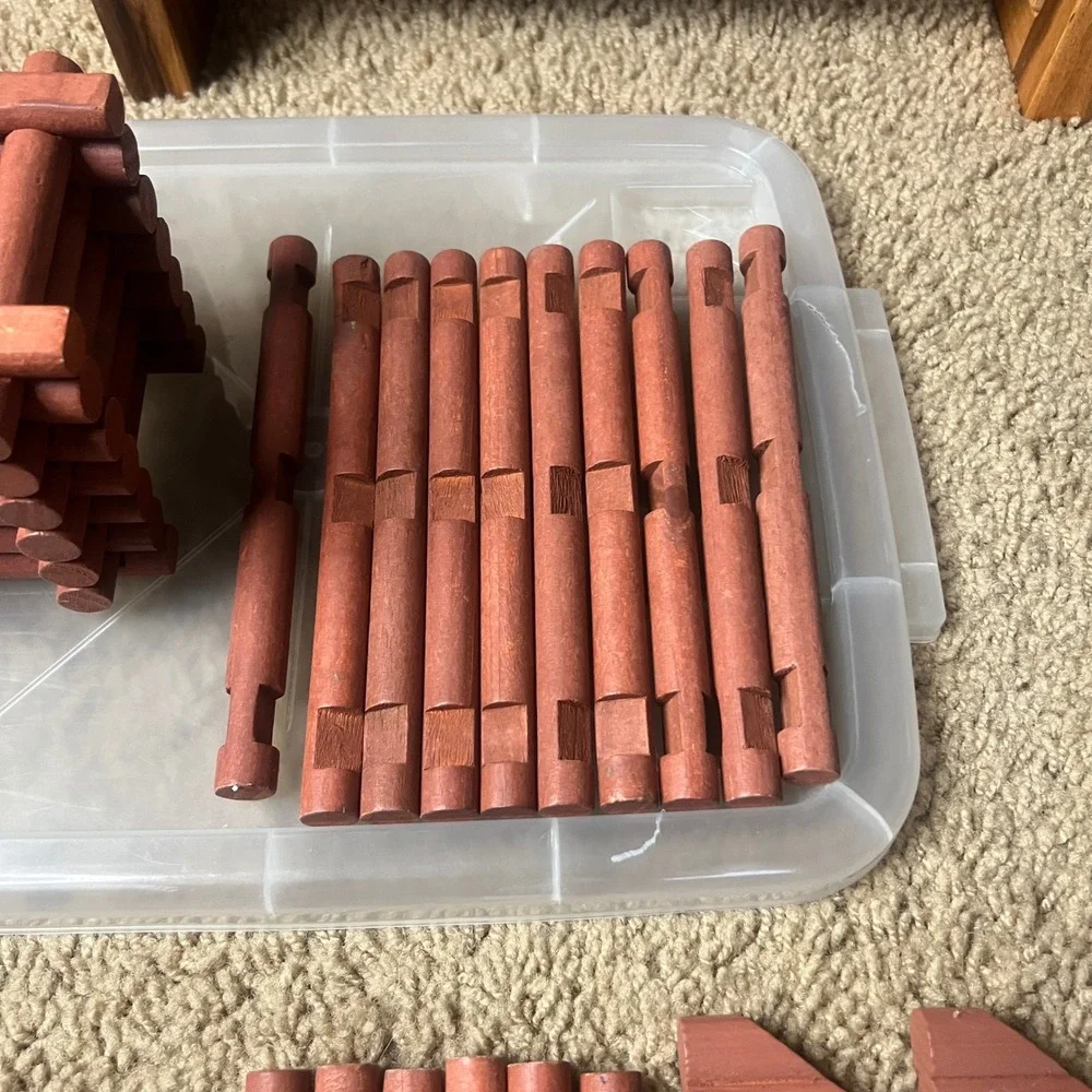 Vintage Wooden Building Log Set Interlocking Cabin Construction Toy 100+ Pieces